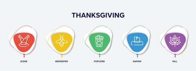 infographic element template with thanksgiving outline icons such as scene, beekeeper, popcorn, napkin, fall vector.