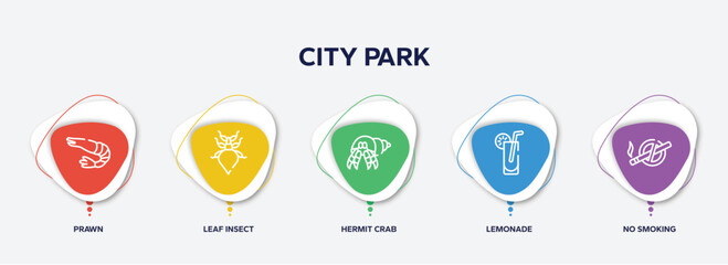 infographic element template with city park outline icons such as prawn, leaf insect, hermit crab, lemonade, no smoking vector.