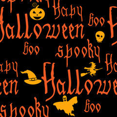 Happy Halloween seamless pattern with text, pumpkin, ghost, witcher. Hand drawn gothic letter, silhouette