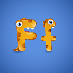 Monster alphabet letter F on blue background. Colourful ABC of cute monsters 