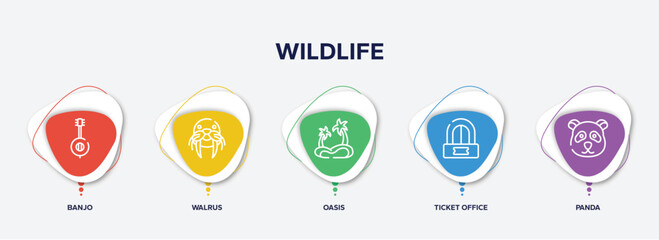 infographic element template with wildlife outline icons such as banjo, walrus, oasis, ticket office, panda vector.