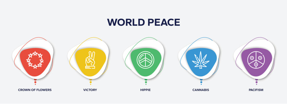 infographic element template with world peace outline icons such as crown of flowers, victory, hippie, cannabis, pacifism vector.