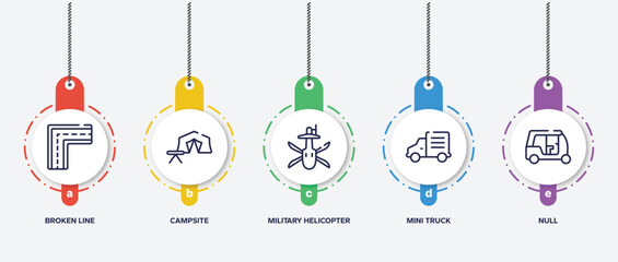 infographic element template with transportation outline icons such as broken line, campsite, military helicopter bottom view, mini truck, null vector.