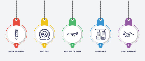 infographic element template with airplanes outline icons such as shock absorber, flat tire, airplane of paper sheet, car pedals, army airplane vector.