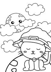 Cute Cat Witch Colorijng Pages A4 for Kids and Adult