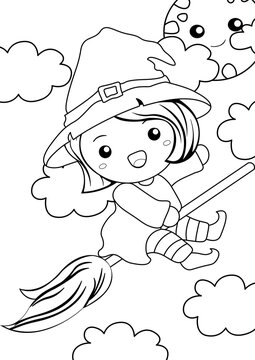 Cute Halloween Witch Costume Coloring Pages A4 for Kids and Adult