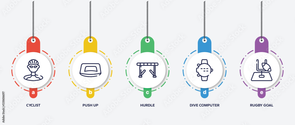 Poster infographic element template with sports outline icons such as cyclist, push up, hurdle, dive comput