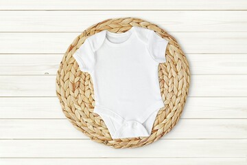 White baby bodysuit or onesie mockup for design presentation on wicker table mat, bohemian style flat lay composition.