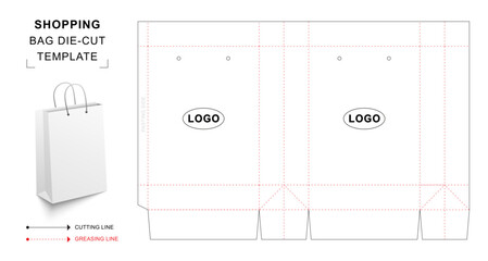 Shopping bag die cut template with 3D blank vector mockup. Paper bag dieline