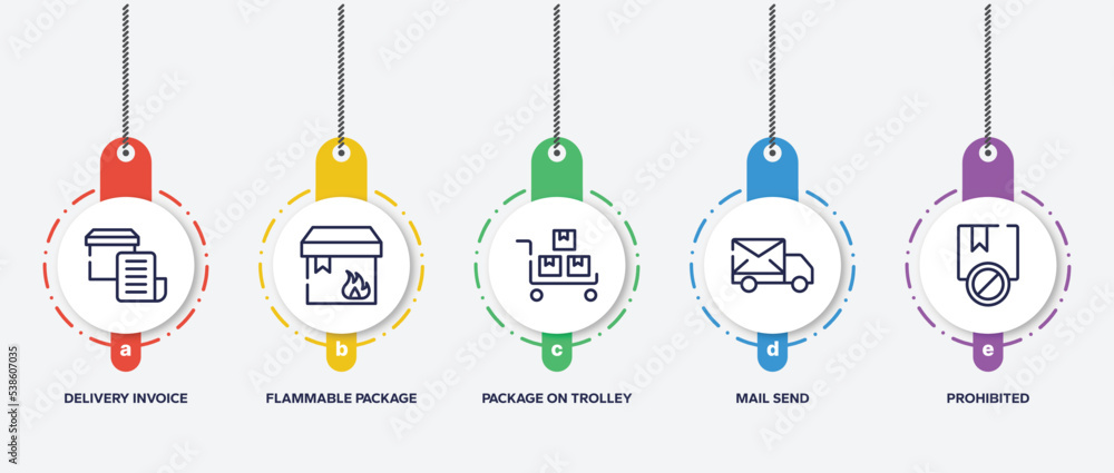 Poster infographic element template with logistic & delivery outline icons such as delivery invoice, flamma