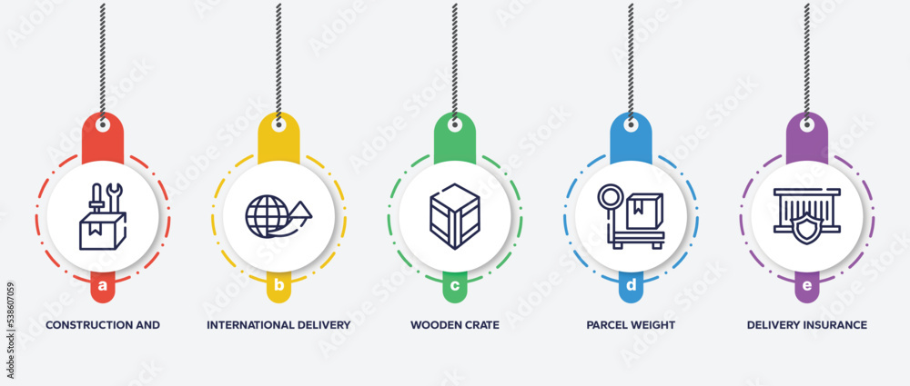 Poster infographic element template with shipping and delivery outline icons such as construction and tools