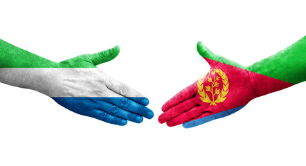 Handshake between Eritrea and Sierra Leone flags painted on hands, isolated transparent image.