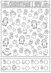 Christmas black and white I spy game for kids. Searching and counting line activity with cute kawaii holiday symbols. Winter printable worksheet, coloring page. New Year puzzle with gingerbread.