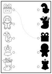 Christmas black and white shadow matching activity. Winter holiday puzzle with cute kawaii present, gingerbread man. Find correct silhouette printable worksheet. New Year coloring page for kids.