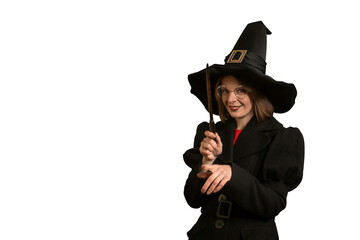 Woman in form witch smiles mysteriously and holds magic wand in hands on white background. Costume sorceress. Isolated