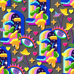 Acid abstract characters and objects. Psychedelic Decorative Templates. Vector illustration surreal psychedelic acid backgrounds. Pattern. Dark background
