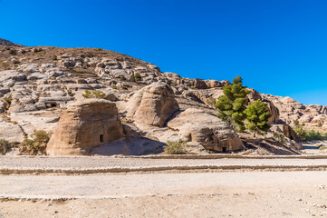 A view of old dwellings beside the path leading to the ancient city of Petra, Jordan in summertime