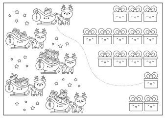 Christmas black and white matching game with cute kawaii deer, sledge, presents. Winter holiday line math activity for preschool kids. Educational printable New Year counting coloring page.