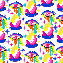 Acid abstract characters and objects. Vector illustration surreal psychedelic acid backgrounds. Pattern. Light background, wallpaper