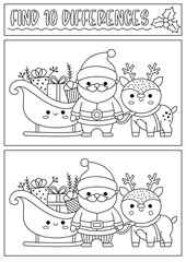 Christmas black and white find differences game for children. Attention skills activity with cute Santa Claus, sledge, deer. New Year line coloring page for kids. What is different worksheet.