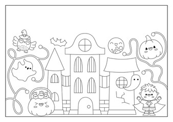 Vector black and white Halloween background with cute haunted house, bat, witch, vampire. Funny autumn holiday line card, activity book cover. Cartoon trick or treat horizontal coloring page.