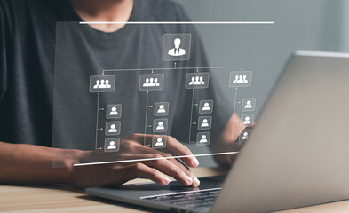 Organization chart with hierarchy structure of teams and employees in company. Business process and...