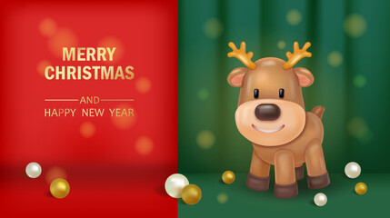 3d christmas funny reindeer. Vector cartoon deer realistic holiday new year greeting card. Illustration winter performance with theater scene and backstage. Xmas celebration poster.