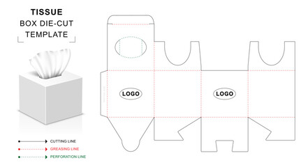 Square tissue box die cut template with 3D blank vector mockup for retail packaging