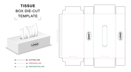 Tissue box die cut template with 3D blank vector mockup for retail packaging