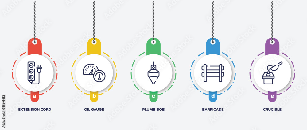 Poster infographic element template with mining and crafting outline icons such as extension cord, oil gaug
