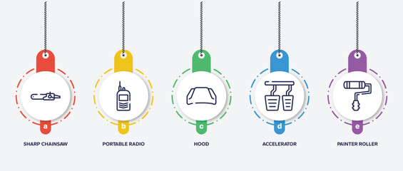 infographic element template with toolbox outline icons such as sharp chainsaw, portable radio, hood, accelerator, painter roller vector.