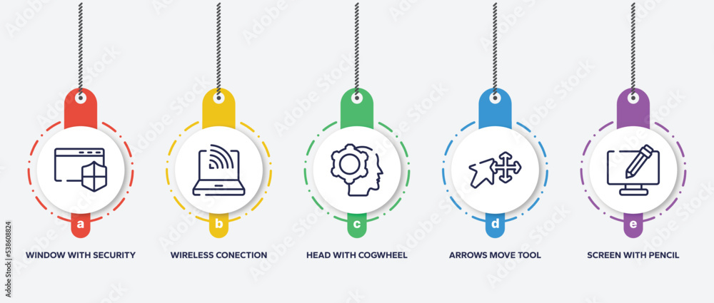 Poster infographic element template with computer and media outline icons such as window with security badg