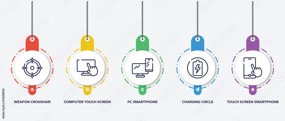 Poster infographic element template with computer and media outline icons such as weapon crosshair, compute