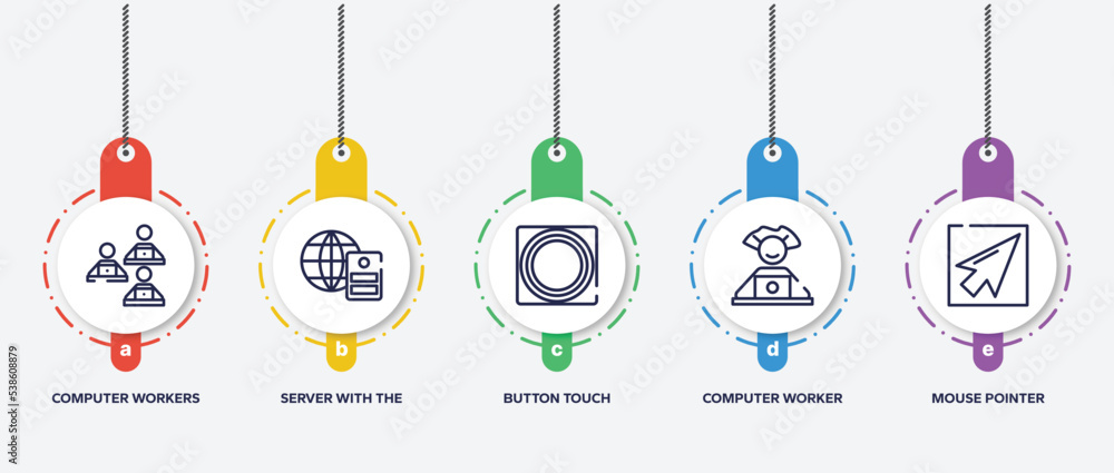 Poster infographic element template with computer and media outline icons such as computer workers team, se