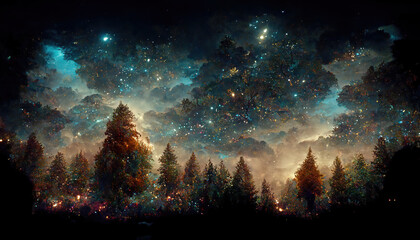 AI generated image of a magical mysterious forest lit by fireflies 