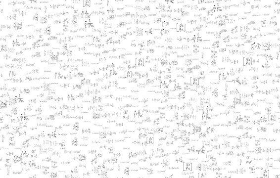 Formulas of astrophysics, quantum mechanics, radio circuits. Scientific, educational background on white. Hand drawn.