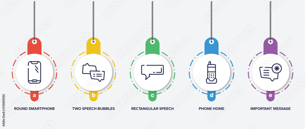 Aufkleber infographic element template with talking outline icons such as round smartphone, two speech bubbles