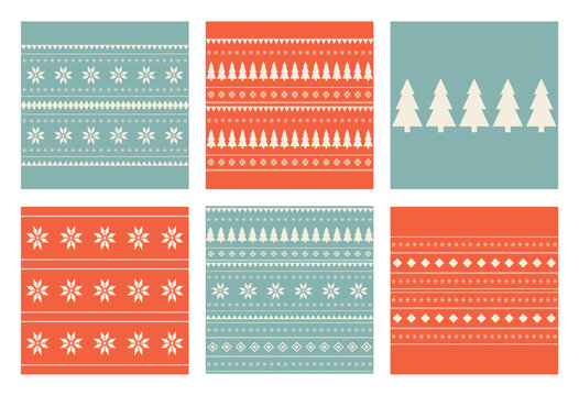 Fototapeta Set of Christmas and New Year seamless patterns. Fair Isle flat knitted pattern with Scandinavian snowflakes, Christmas trees and deer for winter hat, sweater, jumper, paper or other designs.