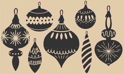 Vector set of Christmas decorations. Vintage Christmas decorative elements. Cute hand drawn retro poster for Christmas and New Year.