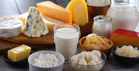 A variety of dairy products including cheese, milk and yogurt
