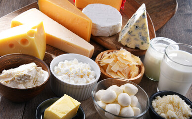 A variety of dairy products including cheese, milk and yogurt