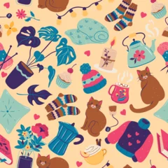 Muurstickers Seamless pattern with cats and hygge items. Vector graphics. © Екатерина Зирина