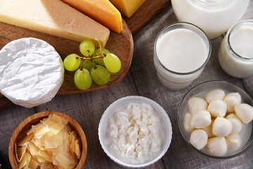 A variety of dairy products including cheese, milk and yogurt