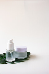 Fototapeta na wymiar White Skincare Bottle and Jar with Leaf. Organic Natural Beauty Product. Herbal Alternative Medicine. Beauty Cosmetic.