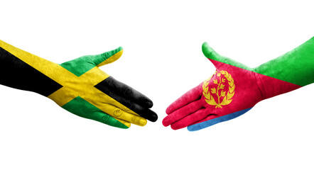 Handshake between Eritrea and Jamaica flags painted on hands, isolated transparent image.