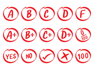 Set of grades in red circles on white background. Test Score Report Tick Skip Yes No Excellent school or college hand drawn results. vector illustration.