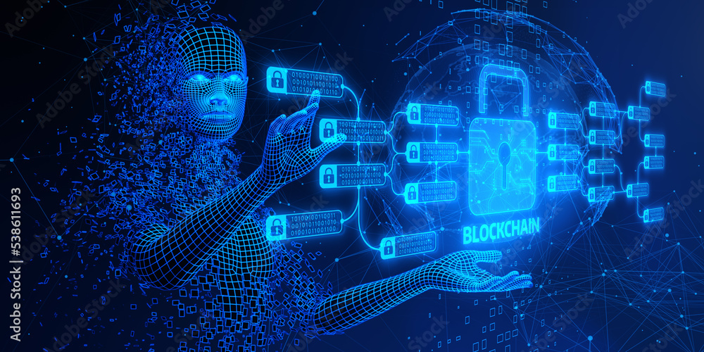 Poster blockchain encryption blocks security finance fintech network internet technology concept. 3d render