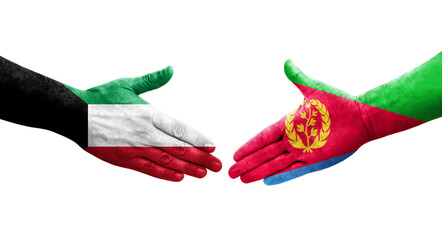 Handshake between Eritrea and Kuwait flags painted on hands, isolated transparent image.