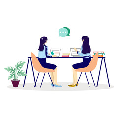 Two women discussing about indoor office work using laptop on work desk. working woman, working sitting, chair, table stacking books, talking casually. Flat vector illustrations.