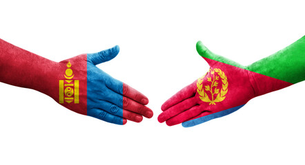 Handshake between Eritrea and Mongolia flags painted on hands, isolated transparent image.